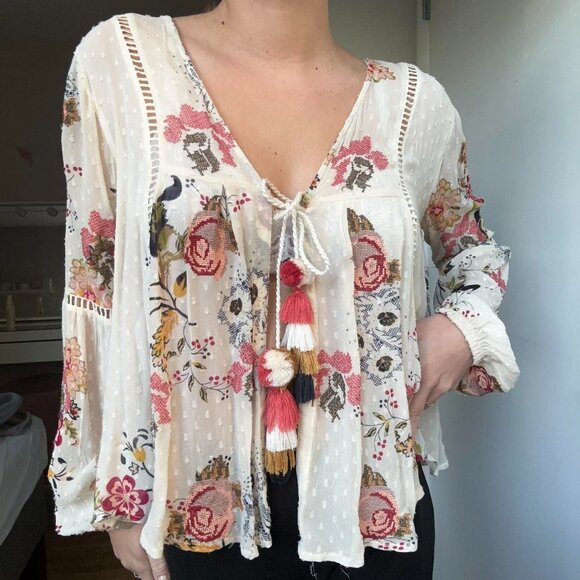 Zara Tops - Zara Bohemian Eyelet Floral Embroidered Dotted Mesh Small Blouse Pom Pom Ties